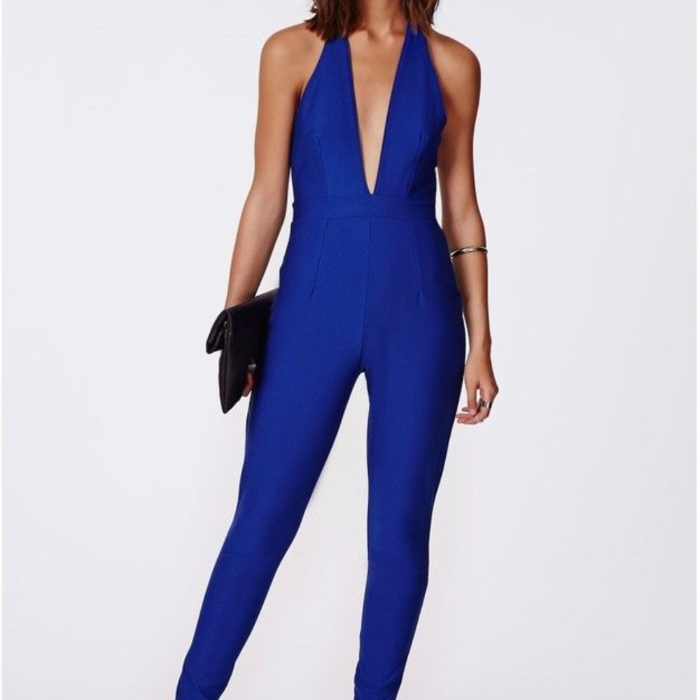 NBD Royal Blue Halter Jumpsuit with Plunging Neckline